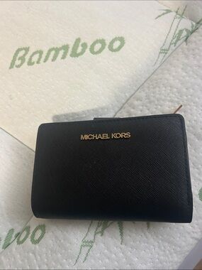 Michael Kors Black Saffiano Leather Zip-Around Wallet with Gold Logo